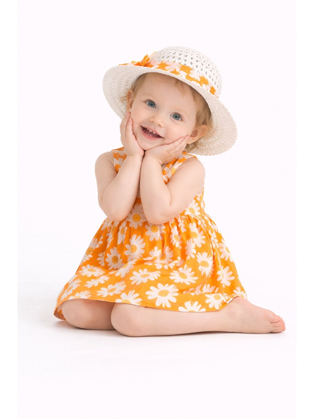 Sarı Tatlı Kız Bebek Papatya Desenli Tarz Elbise Şapkalı Yazlık Kombin-3