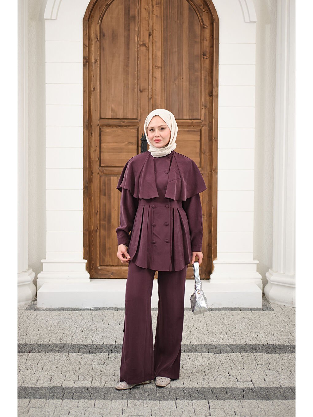 Kadın Düğme Detay Pelerinli Pantolonlu Takım Mürdüm-4