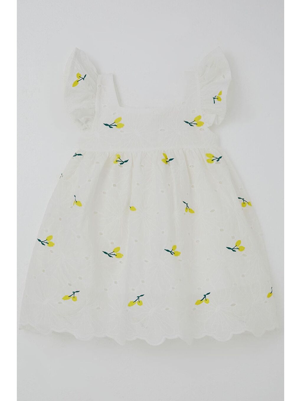 Kız Çocuk Elbise Kiraz Nakışlı Güpür Detaylı Ekru (3-8 Yaş)