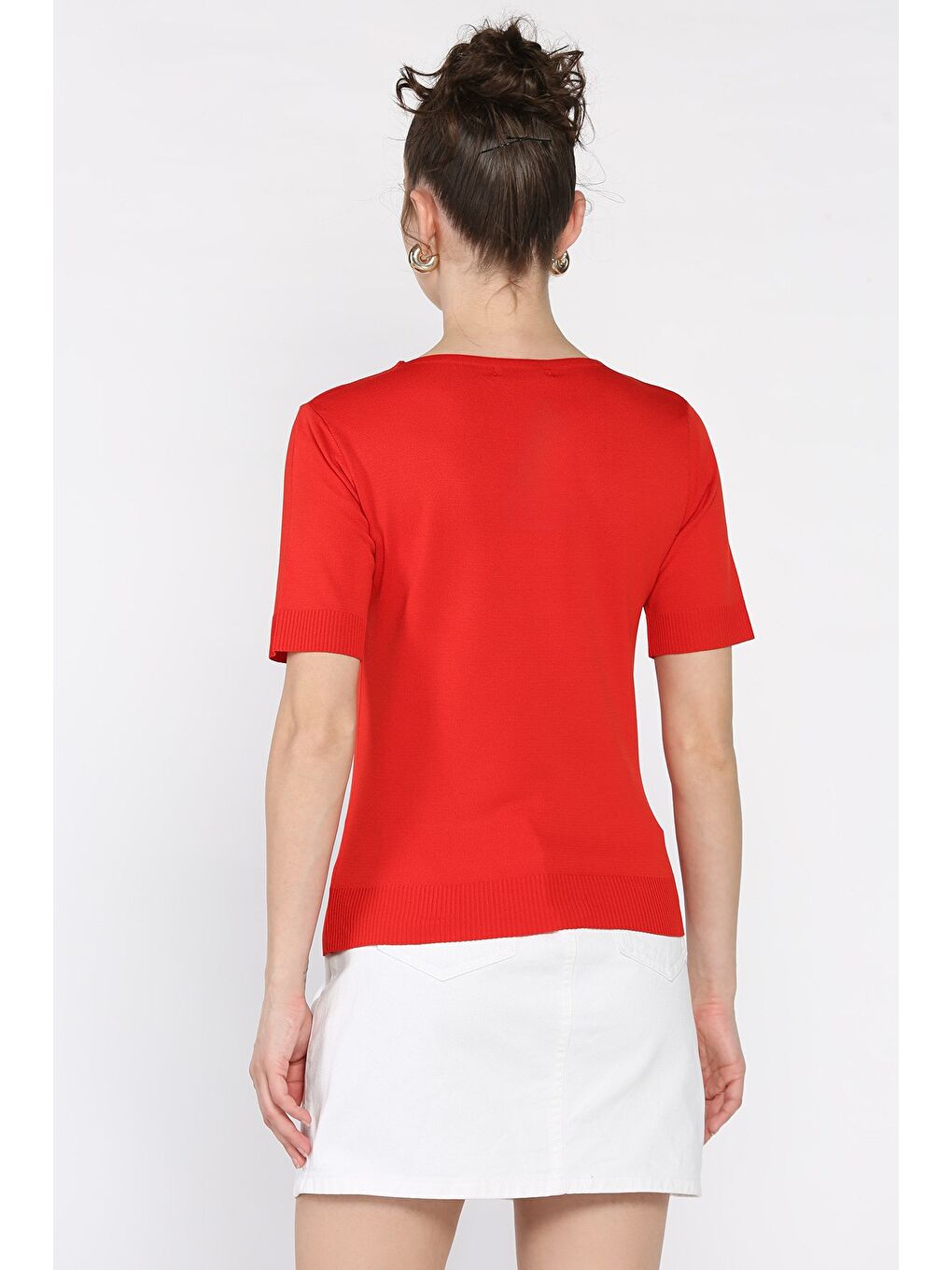 Kırmızı Kadın V Yaka Aksesuarlı Triko Bluz-2