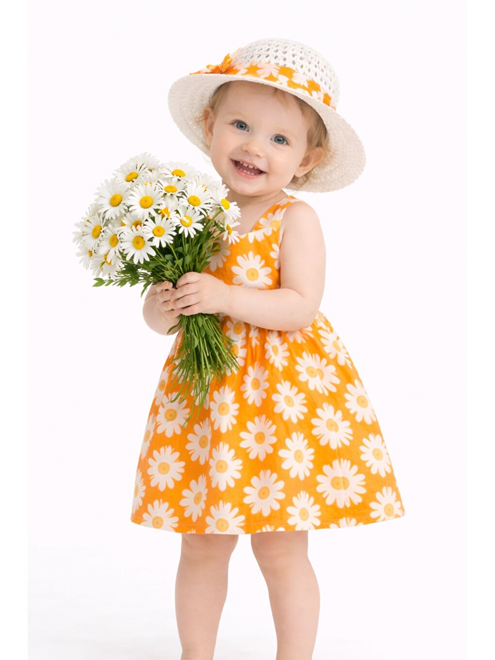 Sarı Tatlı Kız Bebek Papatya Desenli Tarz Elbise Şapkalı Yazlık Kombin-4
