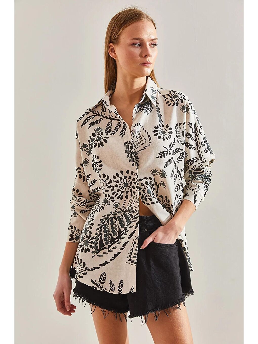 Bej Kadın Büyük Yaprak Desenli Salaş Keten Gömlek 60101021-3