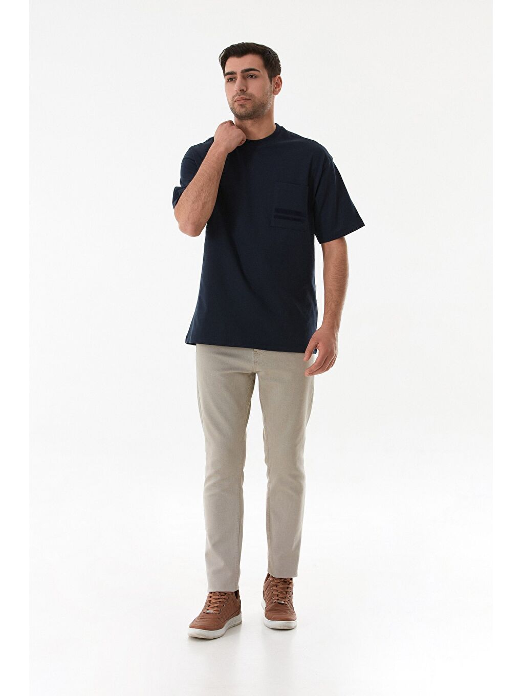 Lacivert Basic Tek Cepli Bisiklet Yaka Tişört-1