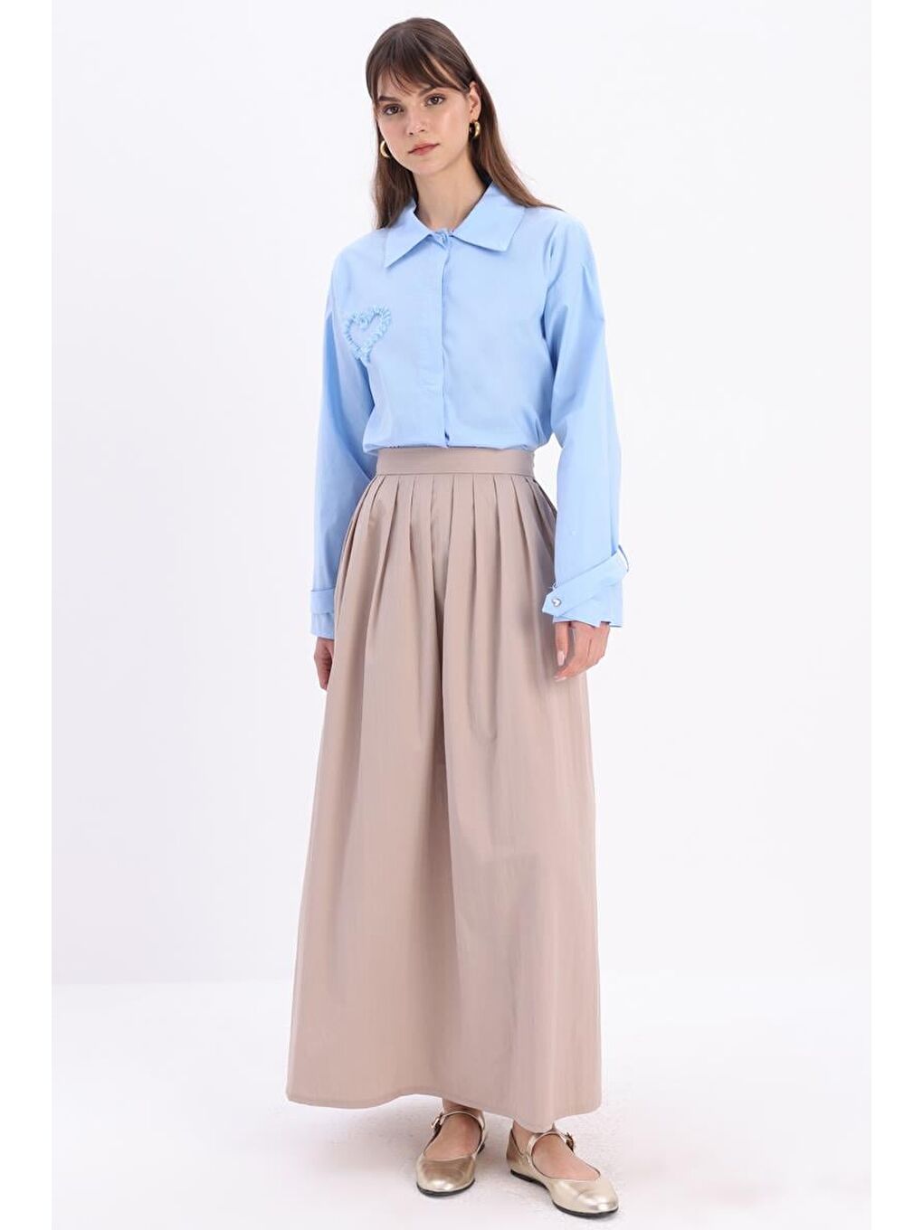 Bej Taş-Beli Pileli Kloş Etek