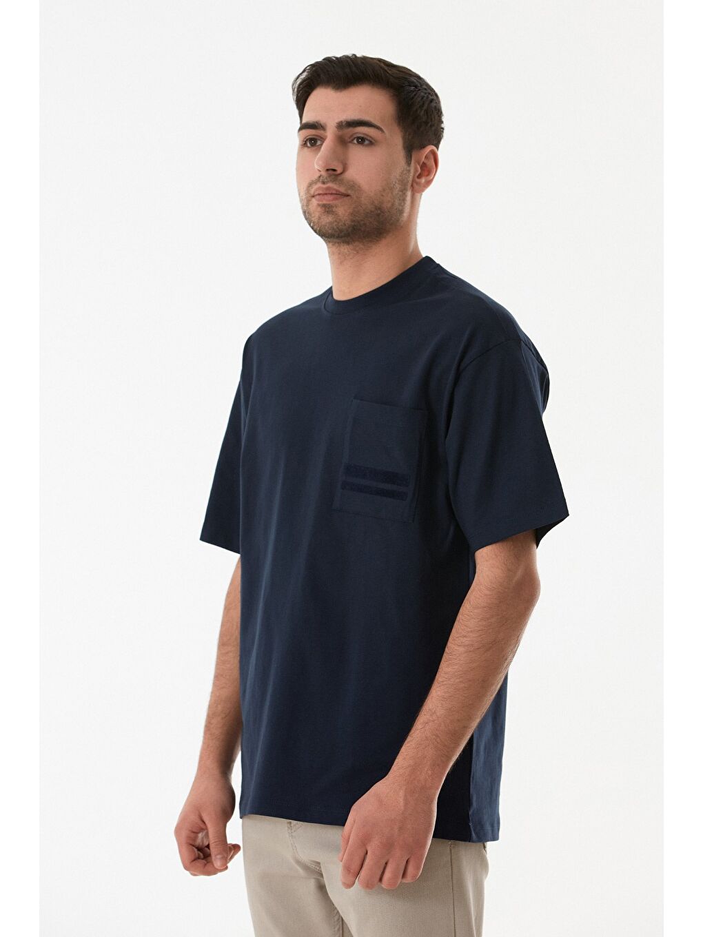 Lacivert Basic Tek Cepli Bisiklet Yaka Tişört-2