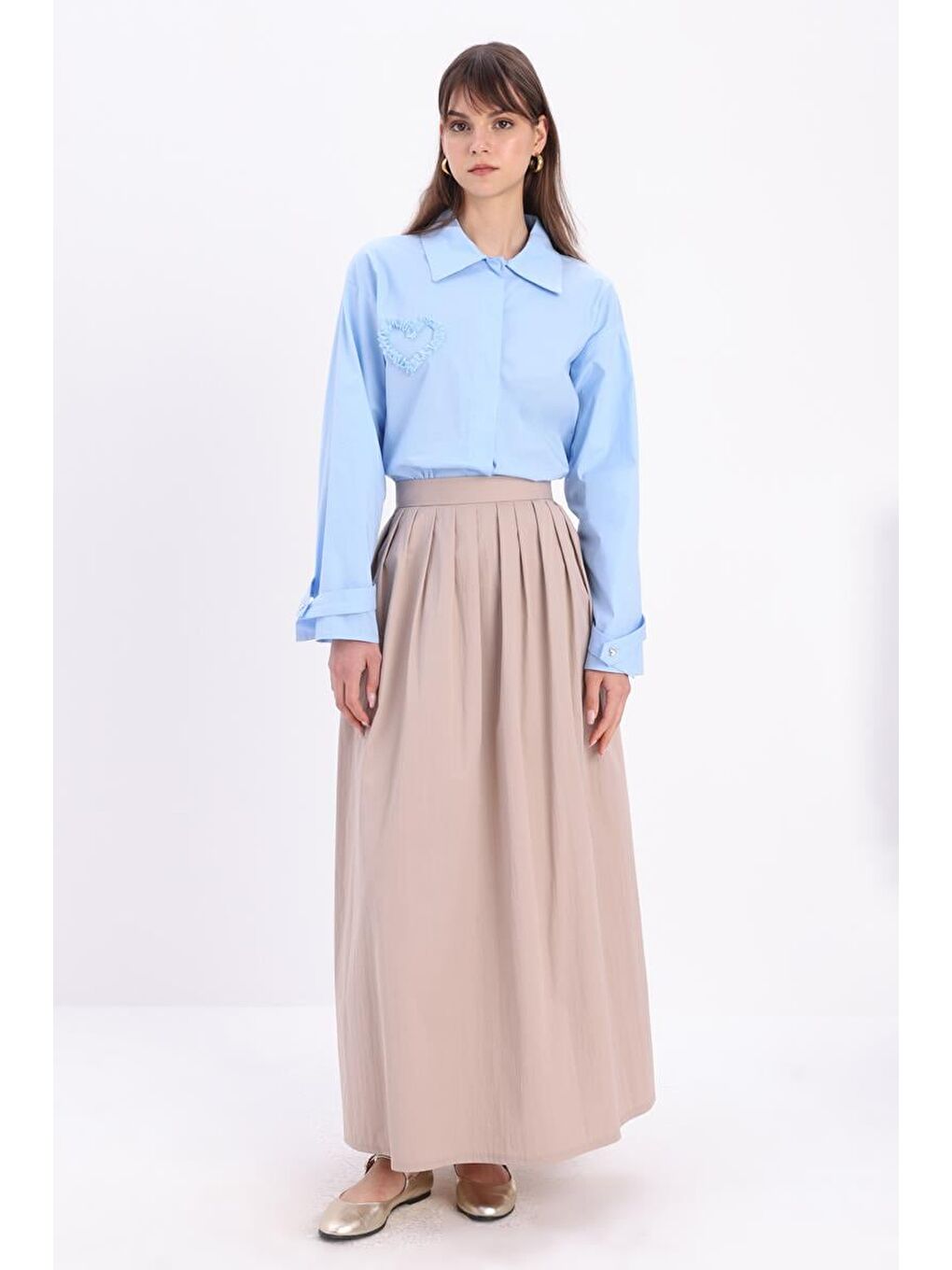 Bej Taş-Beli Pileli Kloş Etek-1