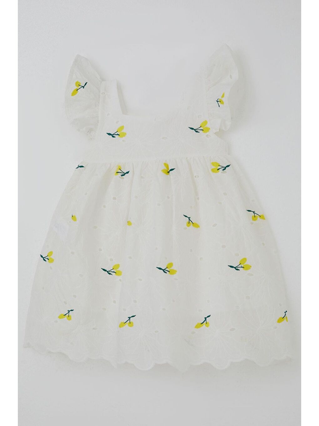 Kız Çocuk Elbise Kiraz Nakışlı Güpür Detaylı Ekru (3-8 Yaş)-2