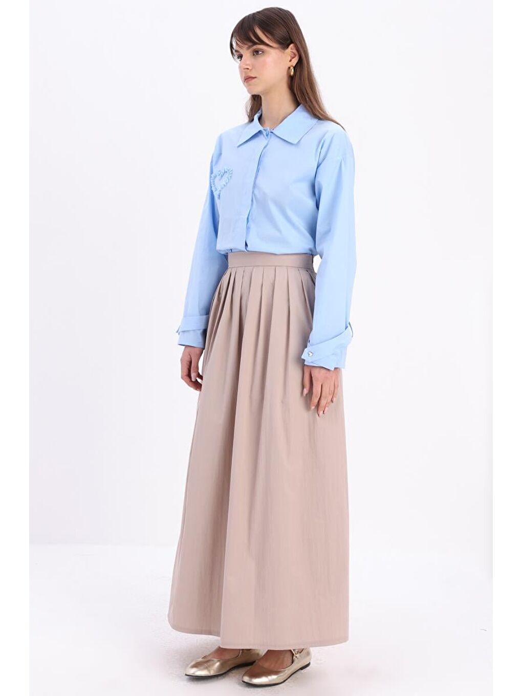 Bej Taş-Beli Pileli Kloş Etek-2