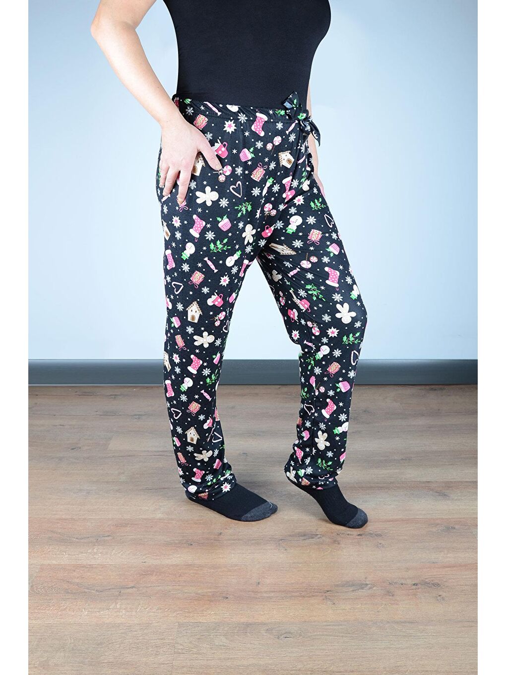 Kadın Süet Pijama Tek Alt | Siyah Yılbaşı-1