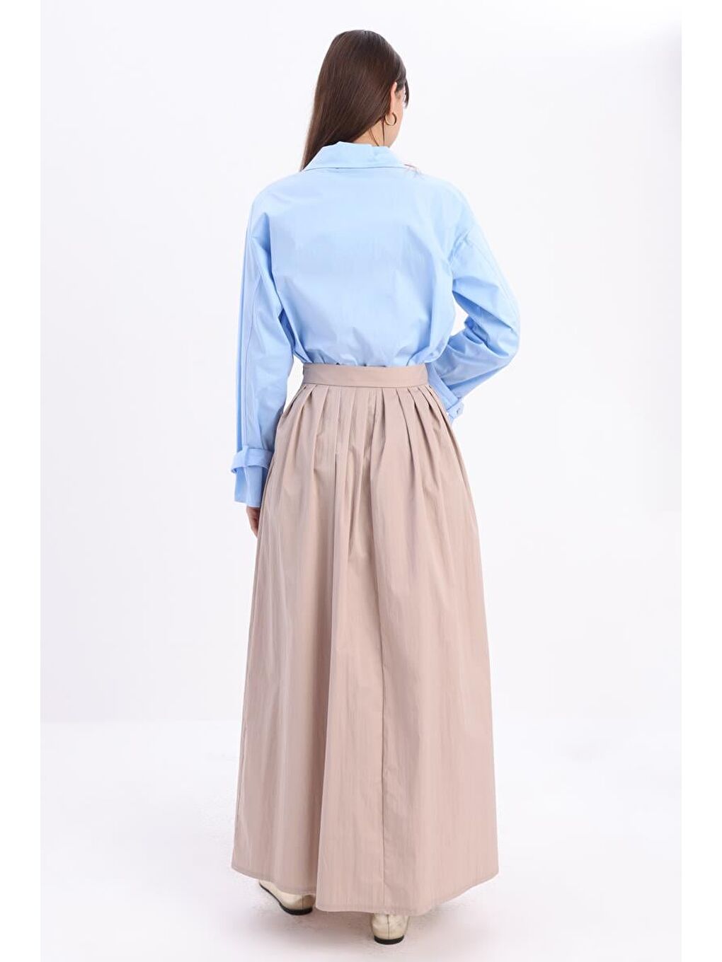 Bej Taş-Beli Pileli Kloş Etek-3