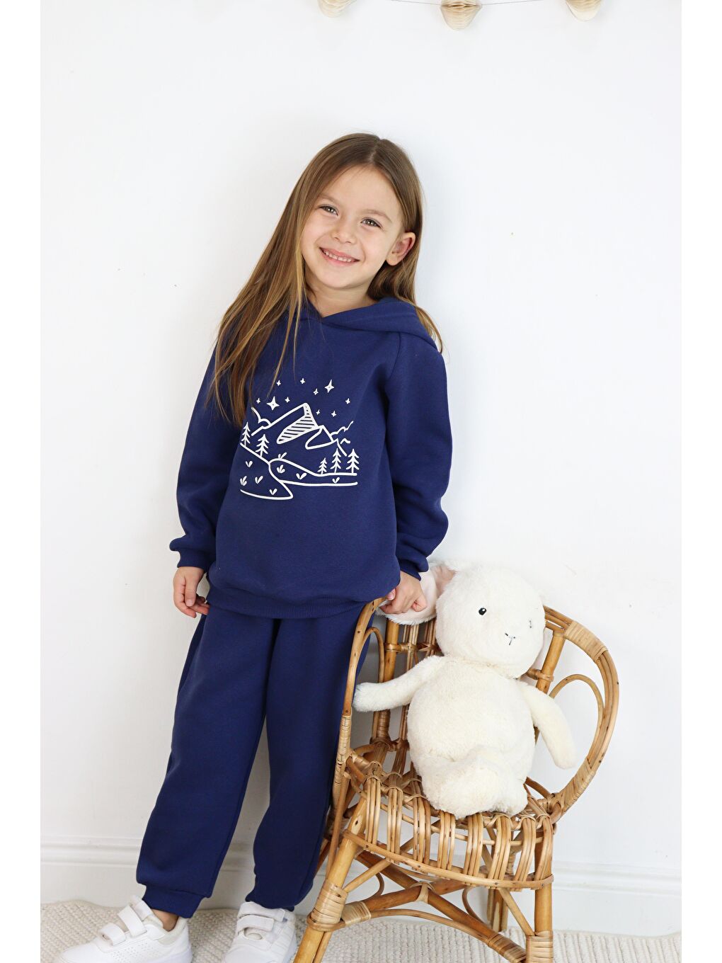 Lacivert 3 İp Baskılı Kapüşonlu Şardonlu İkili Takım