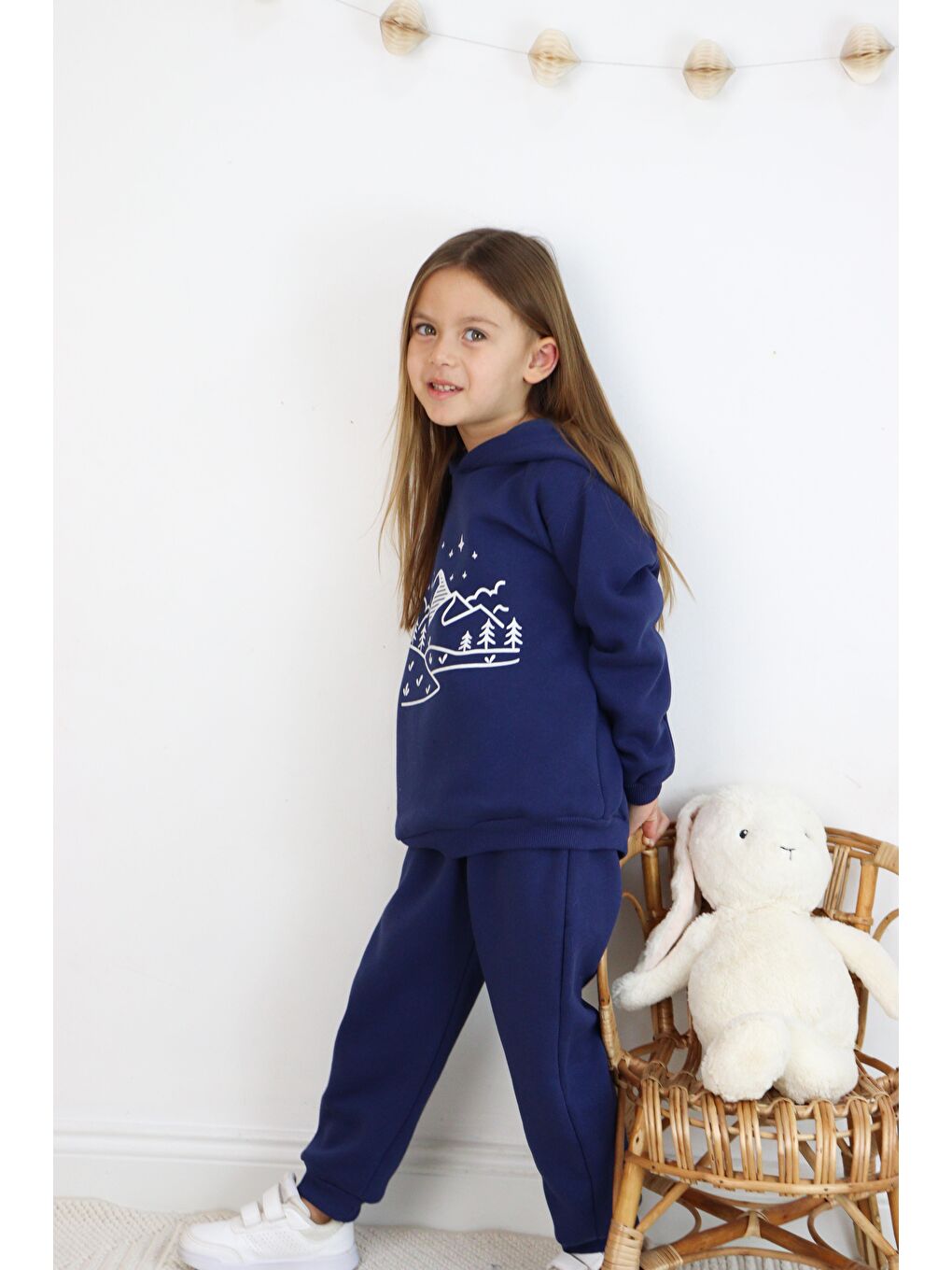 Lacivert 3 İp Baskılı Kapüşonlu Şardonlu İkili Takım-1