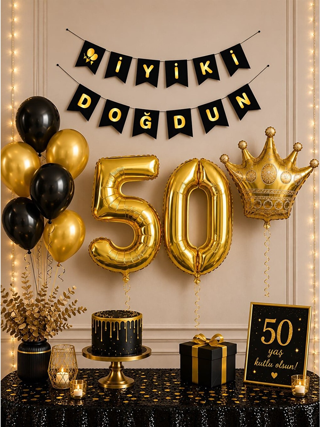 Karışık 50 Yaş Balon Seti Doğum Günü Parti Seti Siyah Altın-1