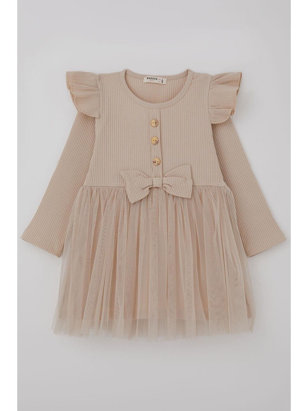 Kız Çocuk Uzun Kollu Elbise Omzu Fırfır Detaylı Fiyonklu Bej (3-8 Yaş)