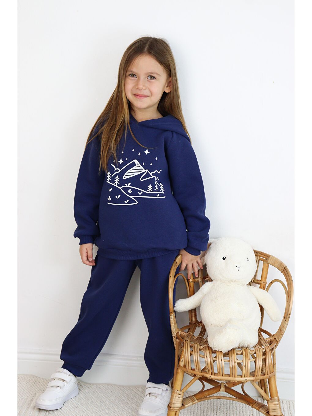 Lacivert 3 İp Baskılı Kapüşonlu Şardonlu İkili Takım-5