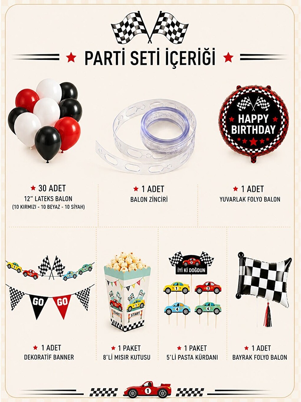 Karışık Yarış Arabaları Temalı Doğum Günü Parti Seti – Balon Zinciri Ve Parti Malzemeleri-1
