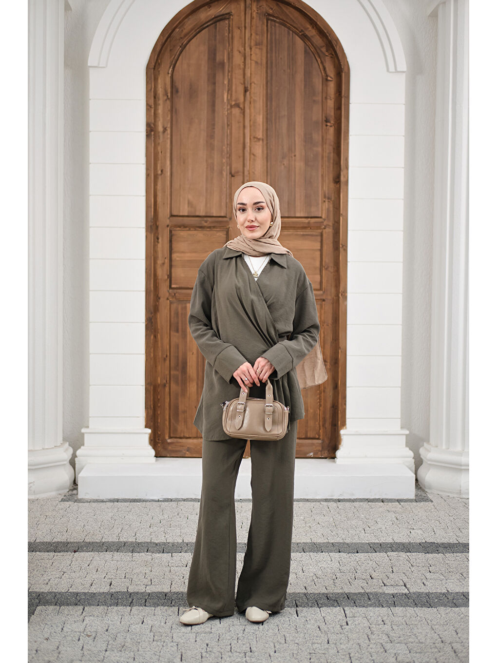 Kadın Yandan Bağlamalı Broş Detay Takım Haki Yeşil-1