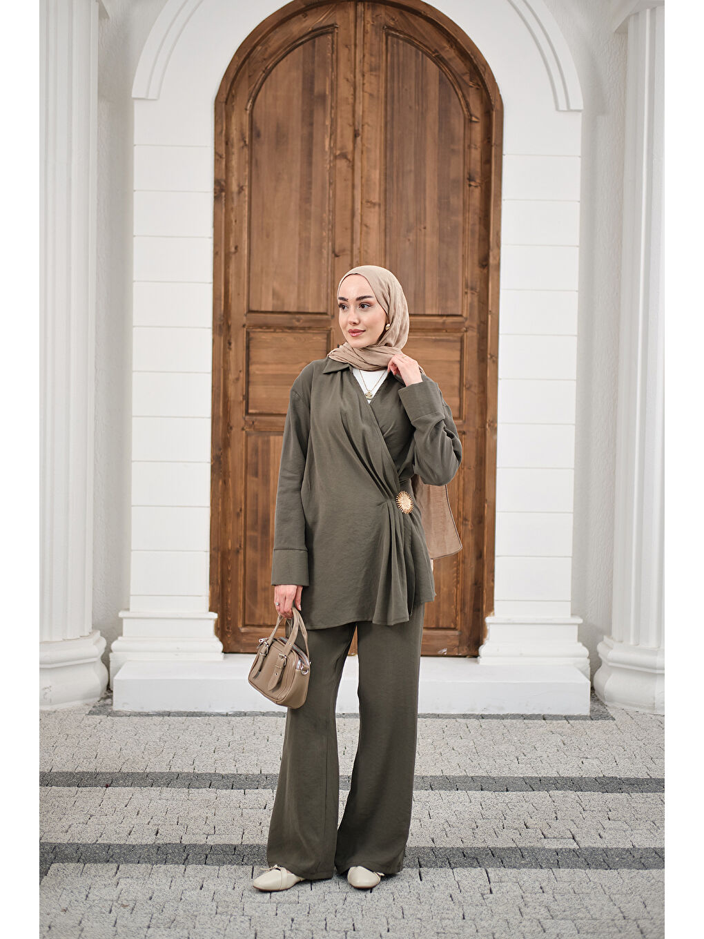 Kadın Yandan Bağlamalı Broş Detay Takım Haki Yeşil-2