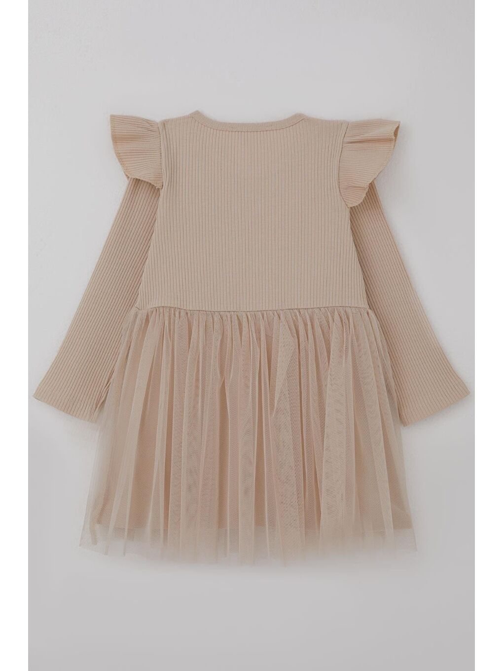 Kız Çocuk Uzun Kollu Elbise Omzu Fırfır Detaylı Fiyonklu Bej (3-8 Yaş)-1