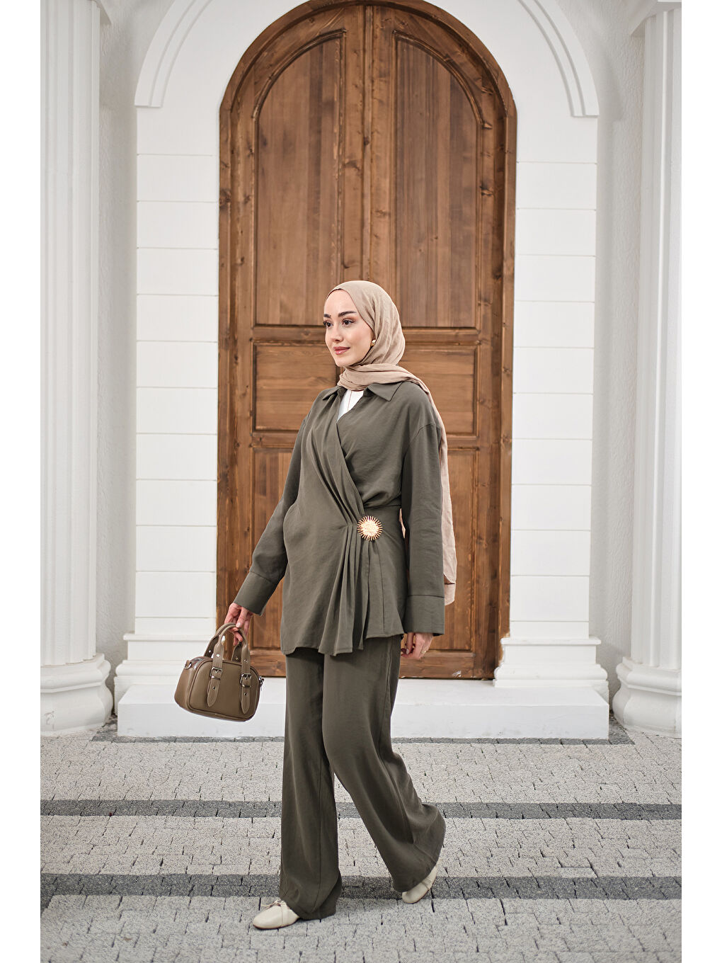 Kadın Yandan Bağlamalı Broş Detay Takım Haki Yeşil-3