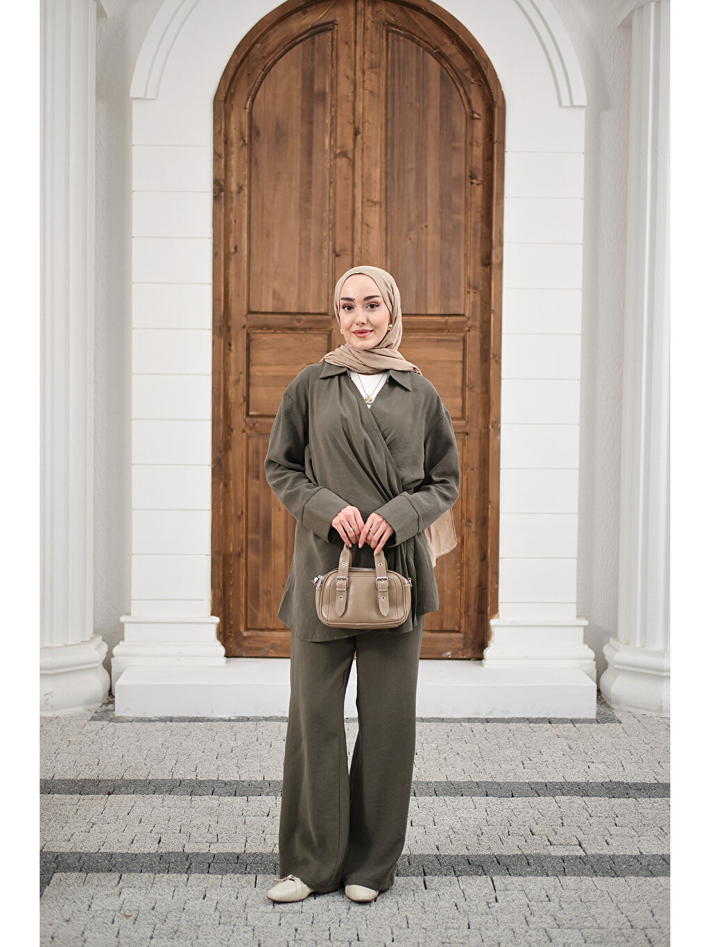 Kadın Yandan Bağlamalı Broş Detay Takım Haki Yeşil-4
