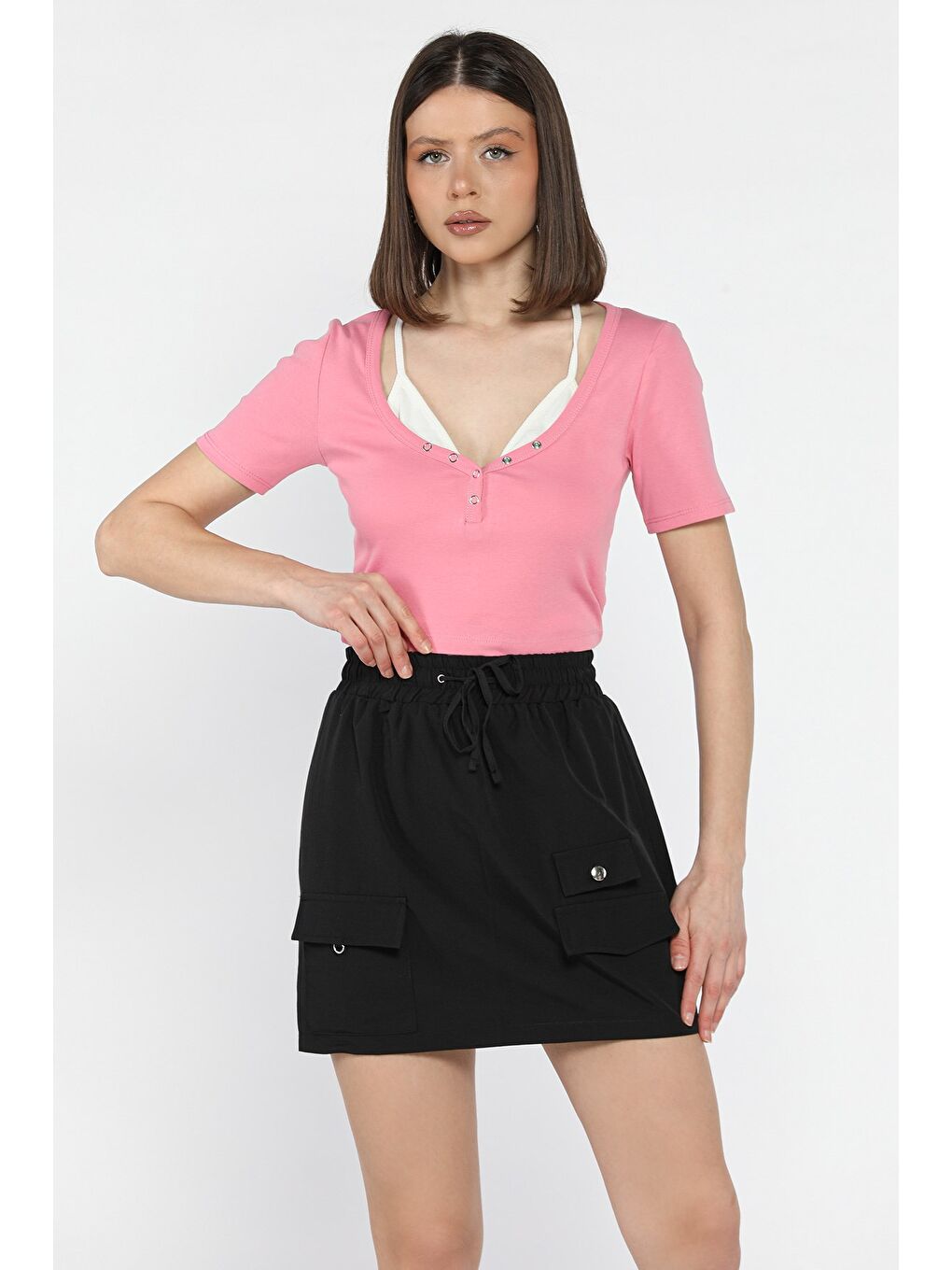 Siyah Kadın Bel Lastikli Cep Detaylı Mini Etek-1