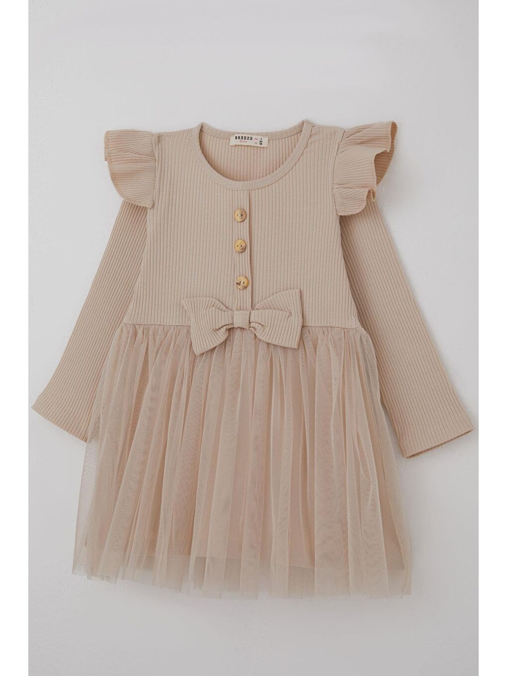 Kız Çocuk Uzun Kollu Elbise Omzu Fırfır Detaylı Fiyonklu Bej (3-8 Yaş)-2