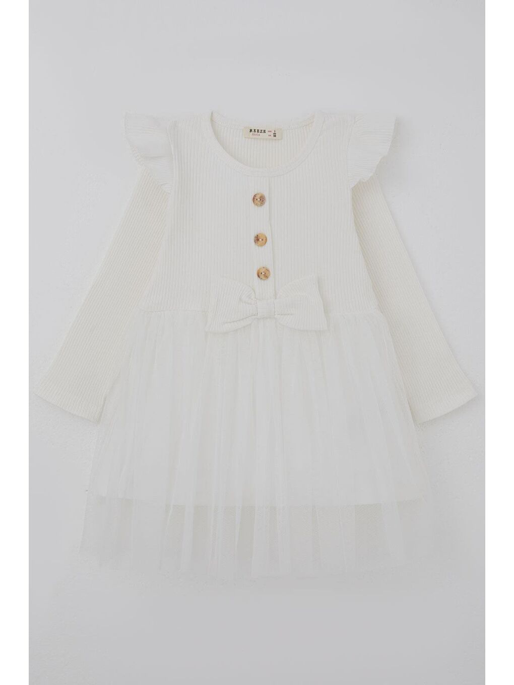 Kız Çocuk Uzun Kollu Elbise Omzu Fırfır Detaylı Fiyonklu Ekru (3-8 Yaş)
