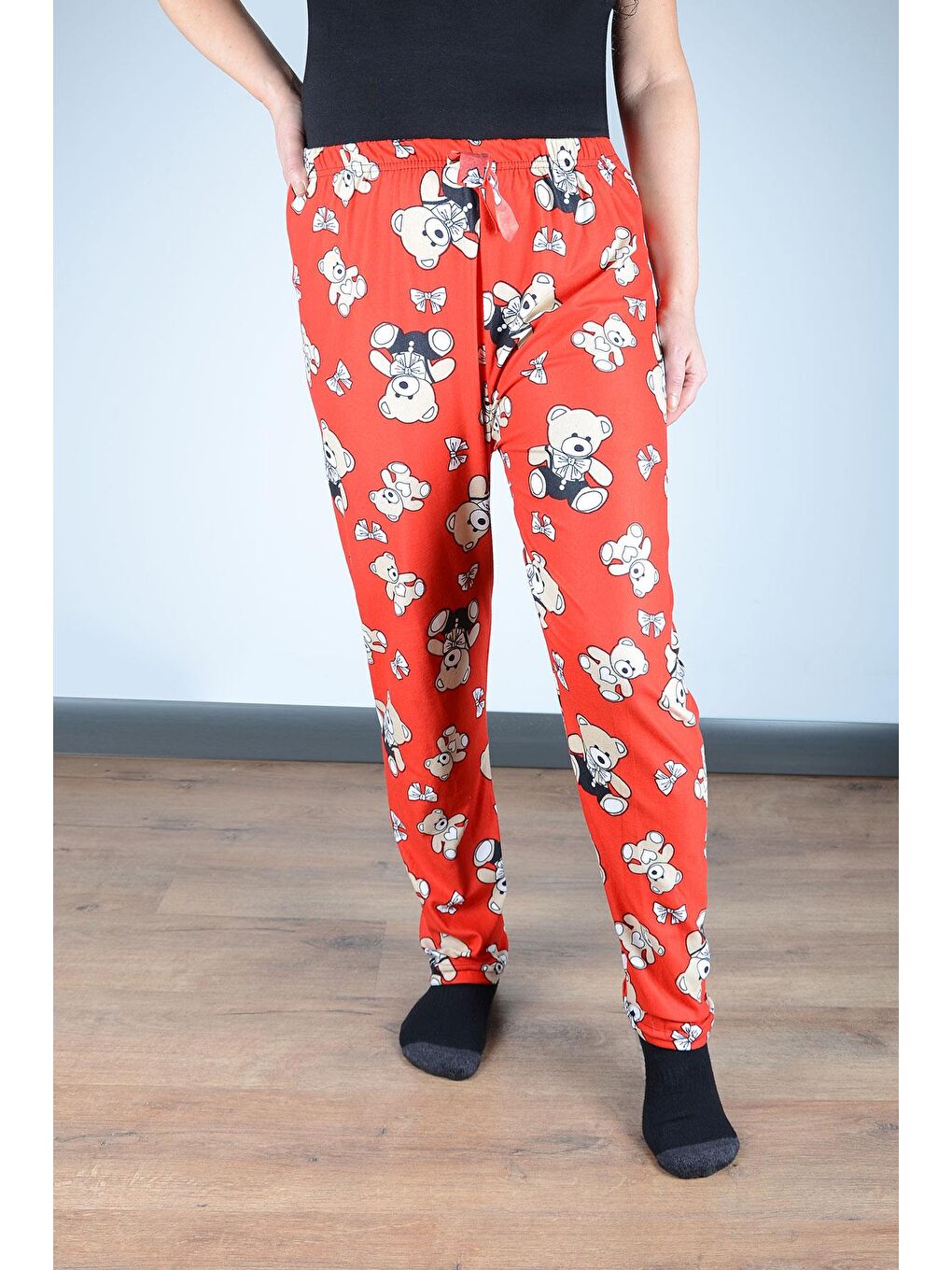 Kırmızı Kadın Süet Pijama Tek Alt | Ayıcık Desen