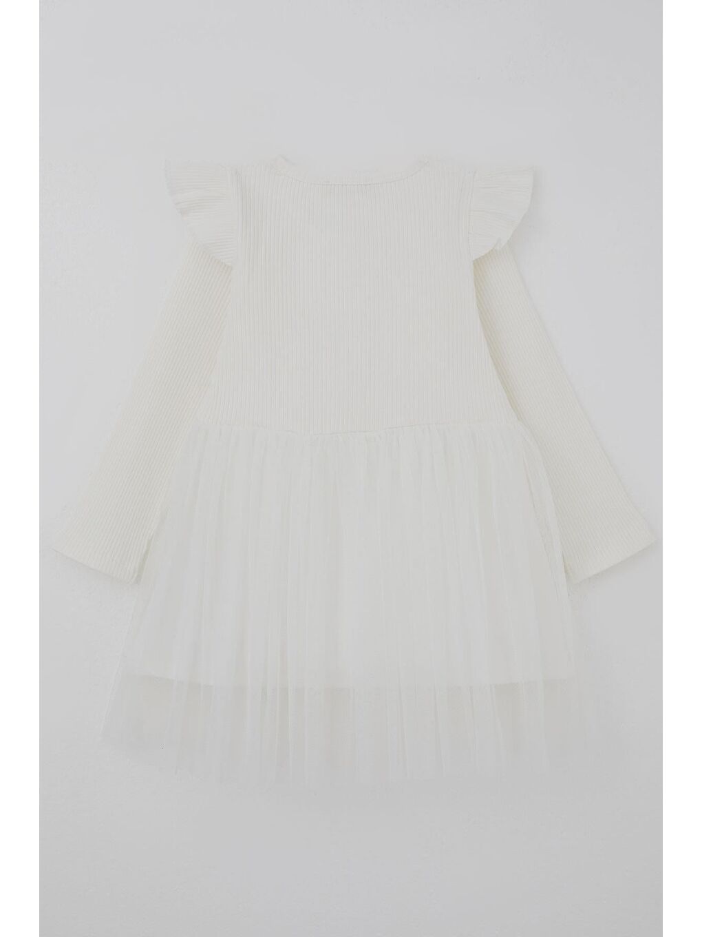 Kız Çocuk Uzun Kollu Elbise Omzu Fırfır Detaylı Fiyonklu Ekru (3-8 Yaş)-1