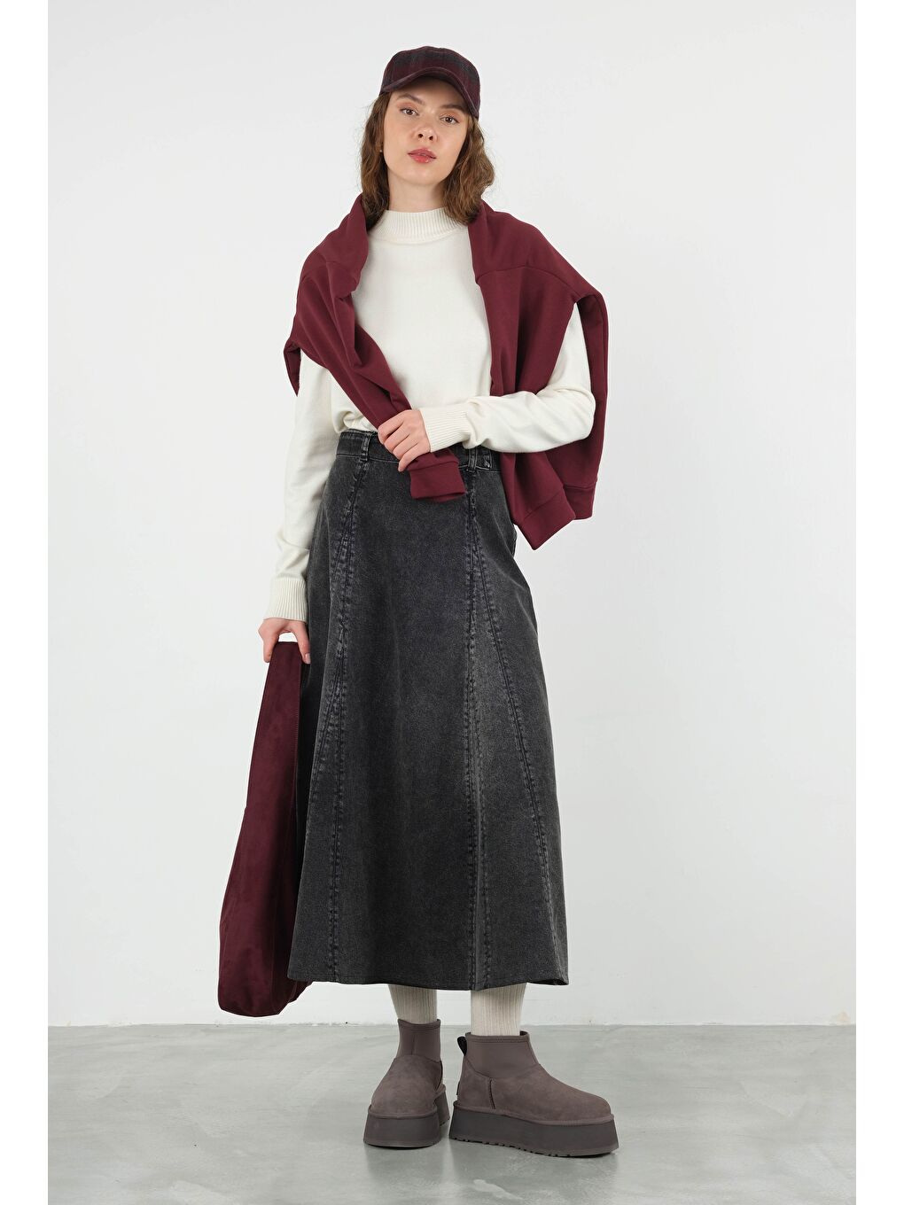 Parçalı Denim Etek Antrasit-4