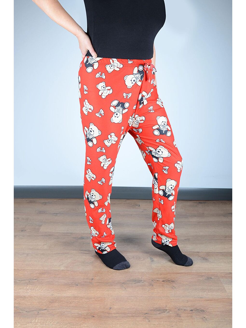 Kırmızı Kadın Süet Pijama Tek Alt | Ayıcık Desen-1