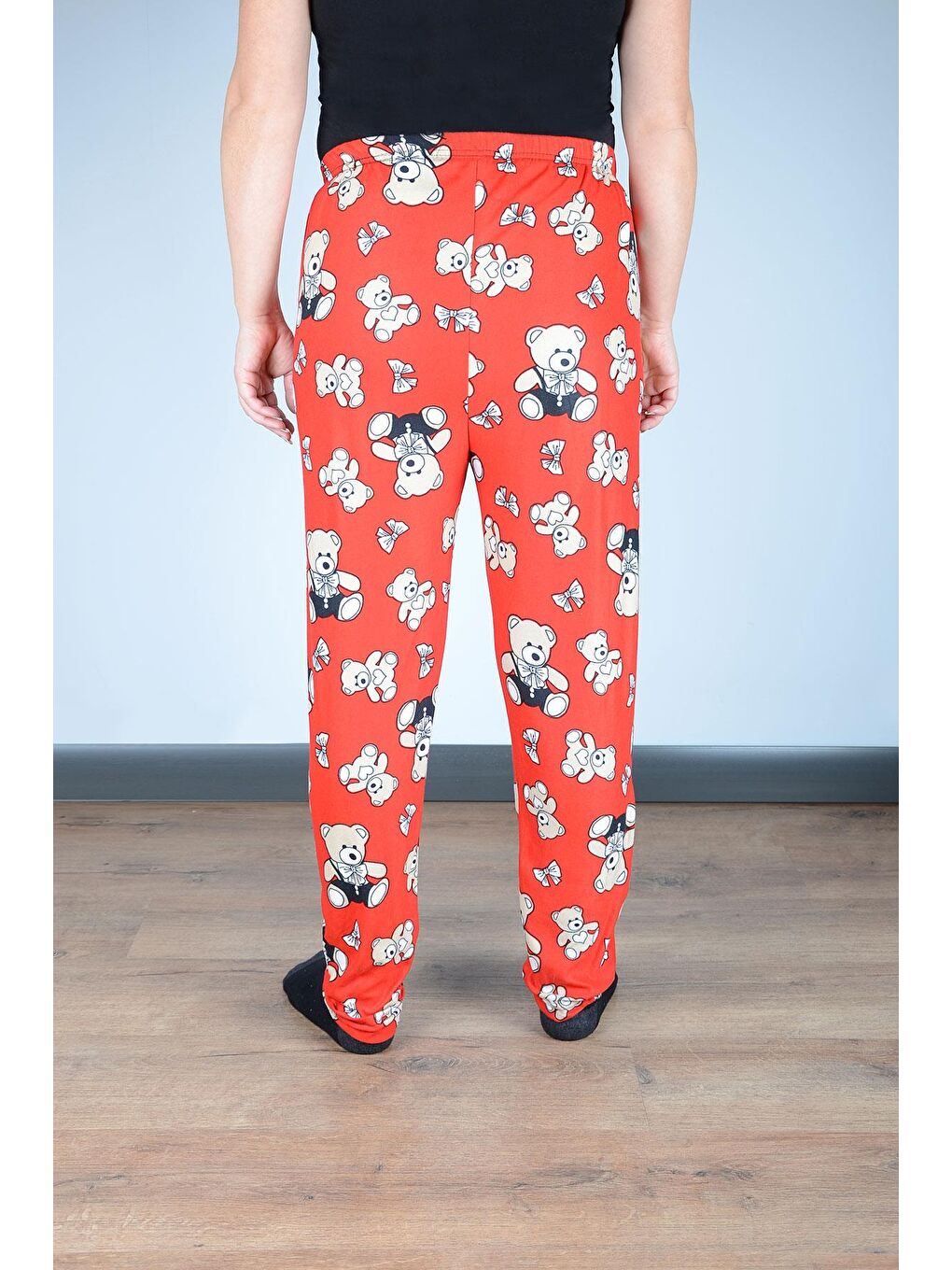 Kırmızı Kadın Süet Pijama Tek Alt | Ayıcık Desen-2