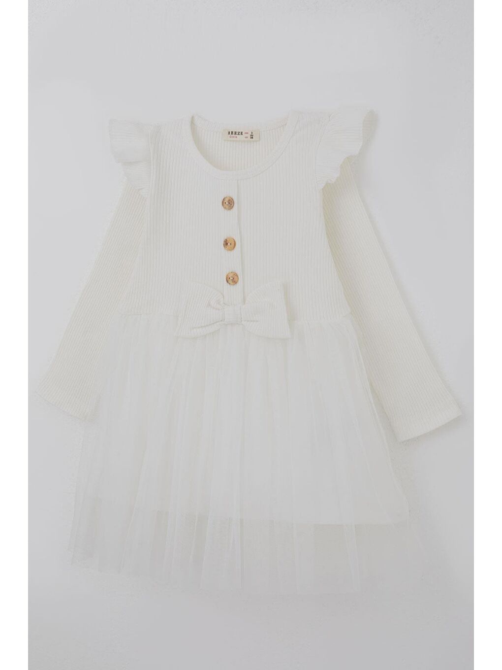 Kız Çocuk Uzun Kollu Elbise Omzu Fırfır Detaylı Fiyonklu Ekru (3-8 Yaş)-2