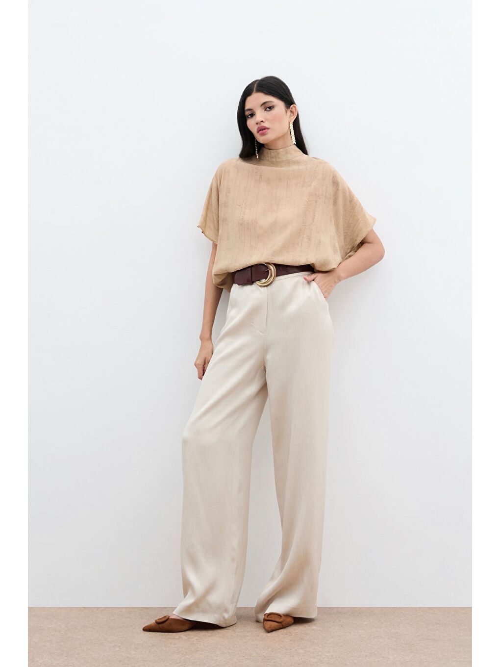 Kahverengi Desenli Salaş Bluz - Camel-1