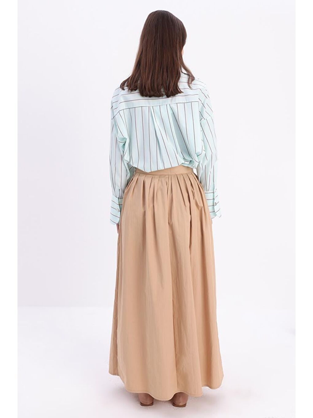 Koyu Bej-Beli Pileli Kloş Etek-3