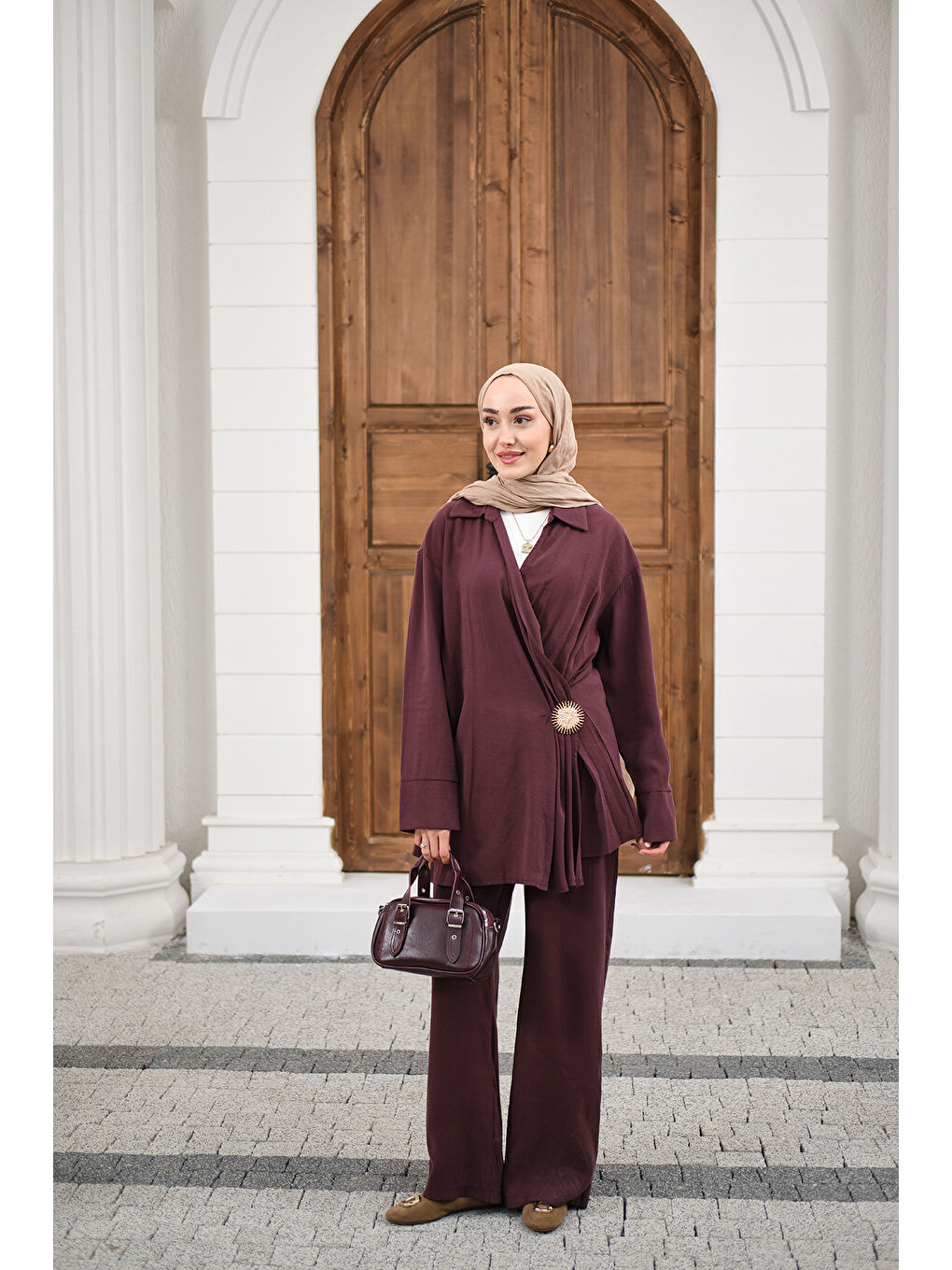 Kadın Yandan Bağlamalı Broş Detay Takım Bordo-1