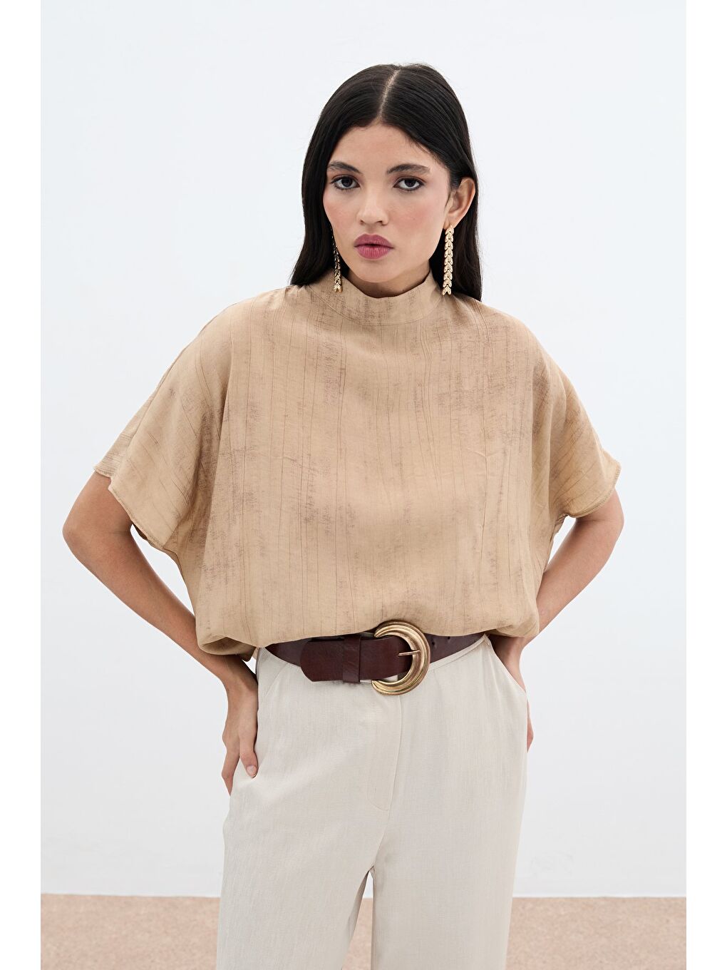 Kahverengi Desenli Salaş Bluz - Camel-2