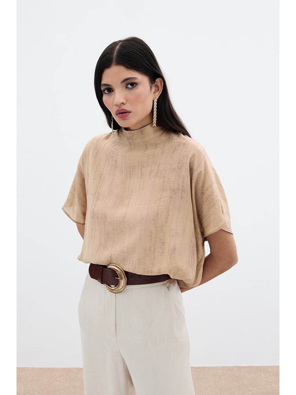 Kahverengi Desenli Salaş Bluz - Camel-3