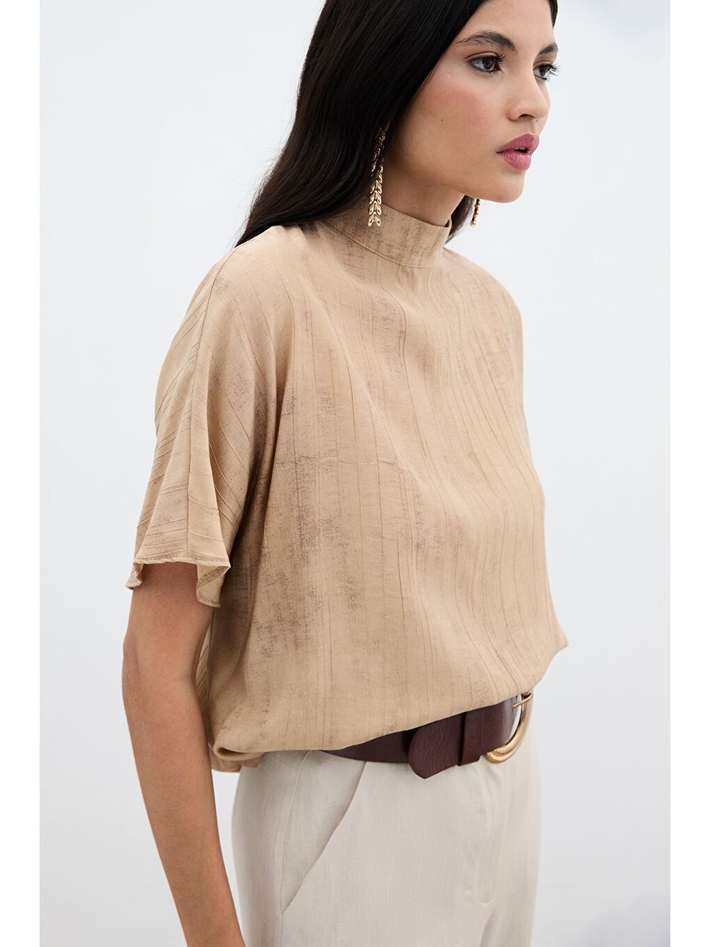 Kahverengi Desenli Salaş Bluz - Camel-5