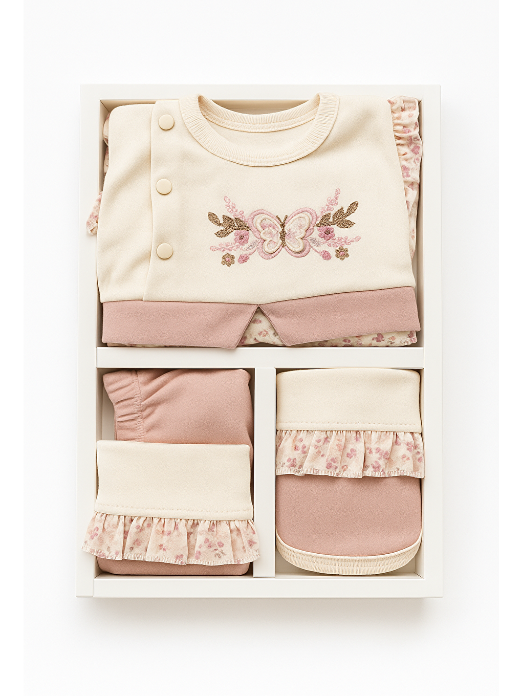 Pembe Kutulu Kelebekli Lüx 5li Hastane Çıkış Seti-1