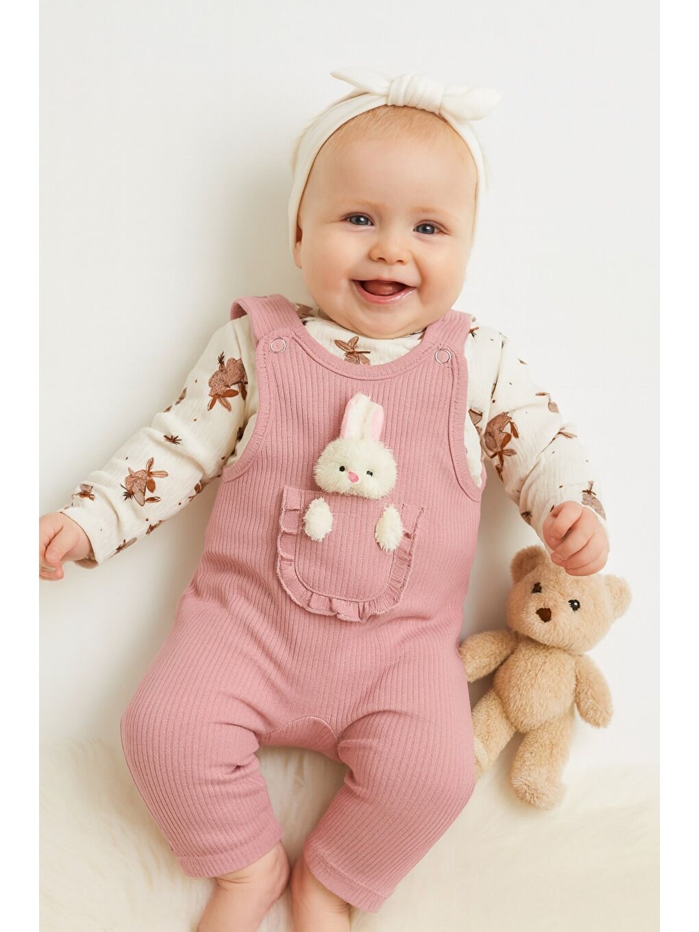 Pembe Kız Bebek 2li Salopet Takımı Oyuncaklı Tulum 2 Parça Yenidoğan Kıyafeti Pamuklu-1