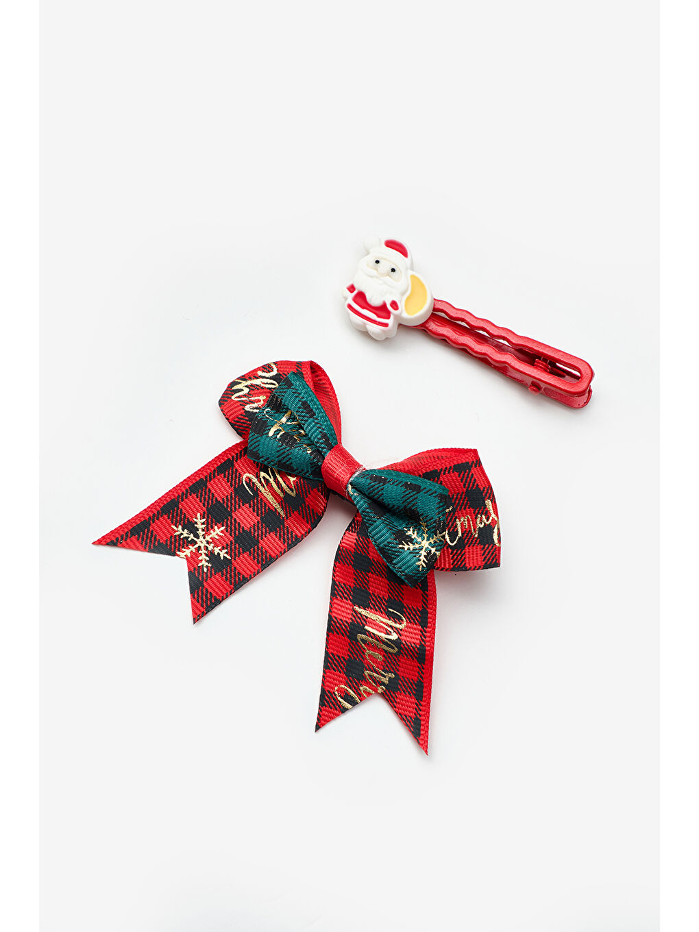 Karışık Çok Renkli Noel Baba ve Ekoseli Kurdele Fiyonk 2'li Klips Toka Set-1
