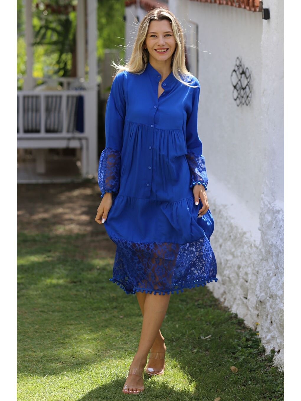 Çelik Mavisi Hakim Yaka 3/4 Kol Düğmeli Kol Ve Etek Ucu Dantelli Dokuma Casual Elbise-5