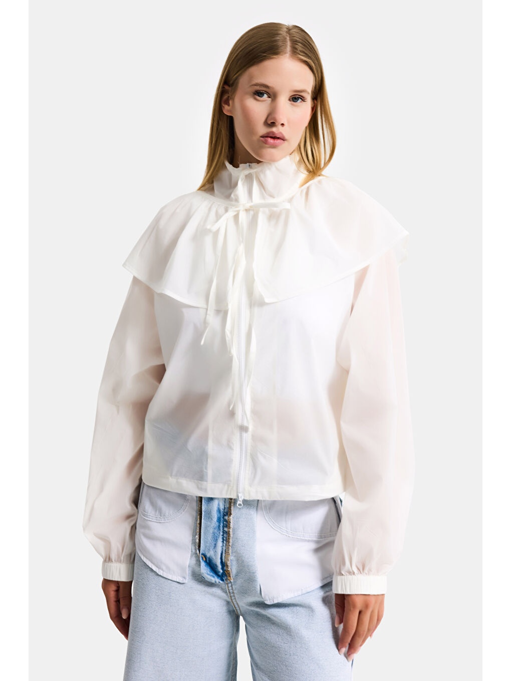 Beyaz Kadın Ekru w5 Oversize Yakalık Detaylı Özel Kumaş Tasarım Yağmurluk-3