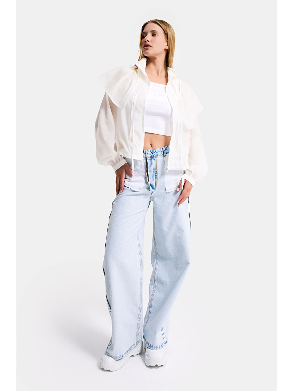 Beyaz Kadın Ekru w5 Oversize Yakalık Detaylı Özel Kumaş Tasarım Yağmurluk-4