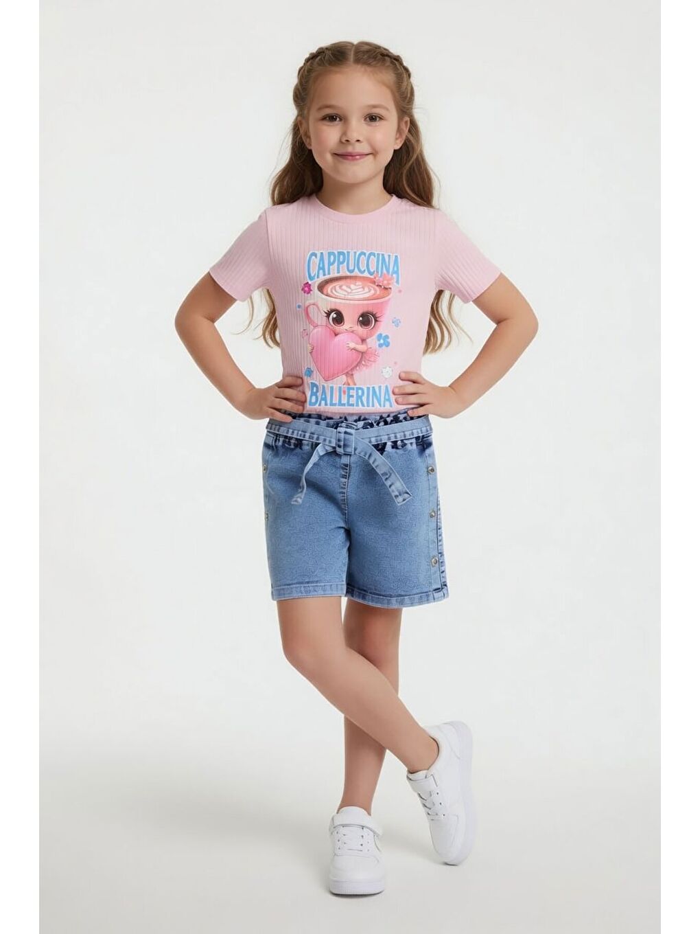 Pembe Pudra Balerin Baskılı Tişörtlü Düğmeli Jean Şortlu Kız Çocuk 2li Takım 24170