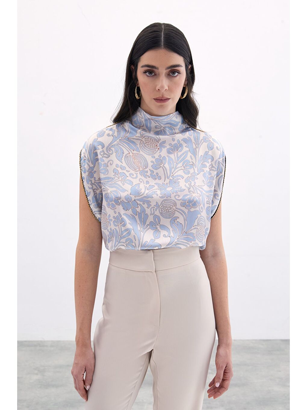 Aksesuarlı Yarasa Kol Bluz - Mavi-1