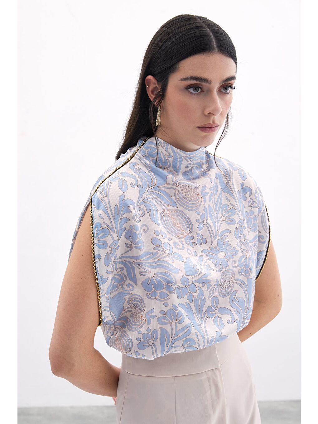 Aksesuarlı Yarasa Kol Bluz - Mavi-2