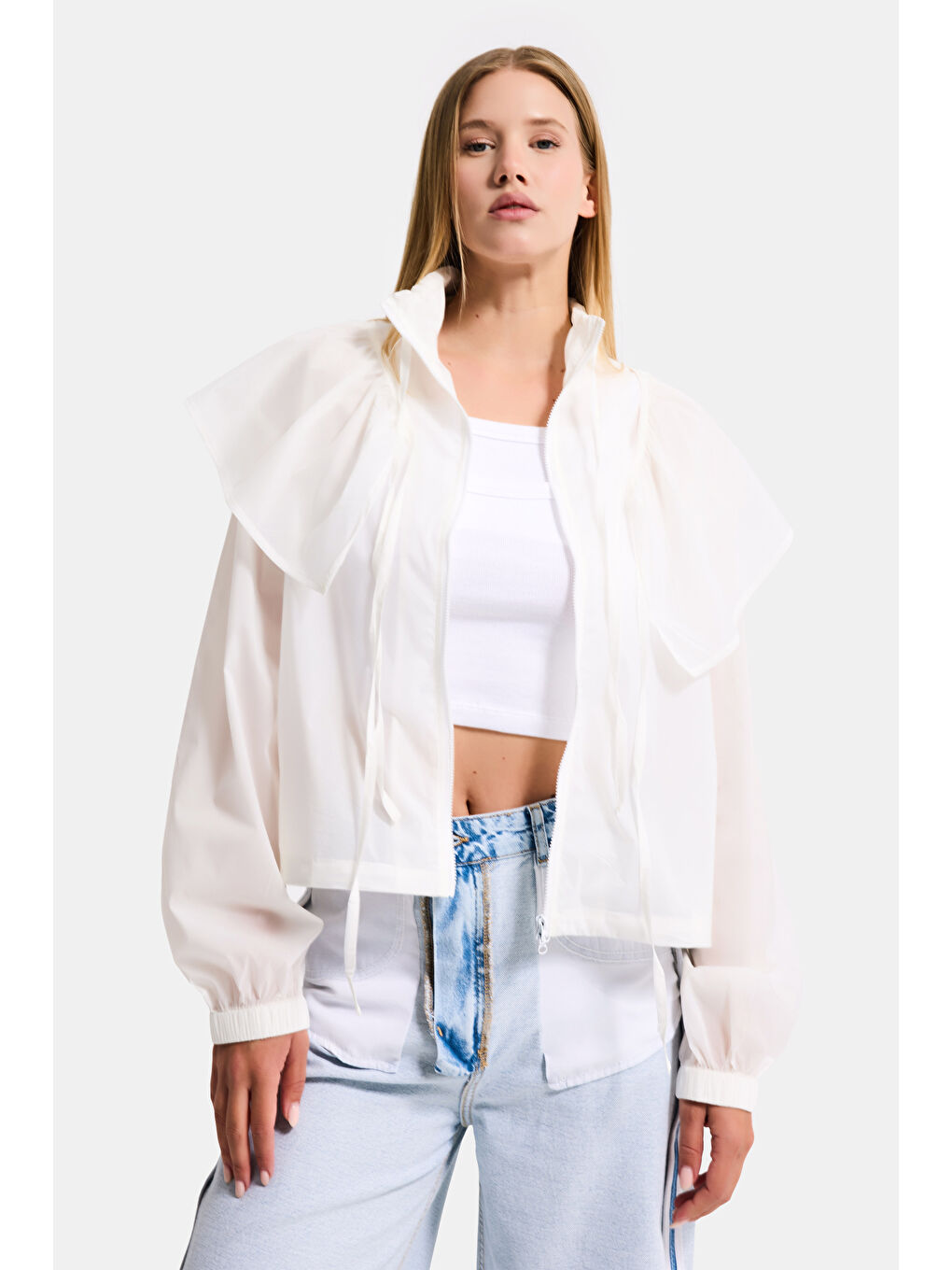 Beyaz Kadın Ekru w5 Oversize Yakalık Detaylı Özel Kumaş Tasarım Yağmurluk-5